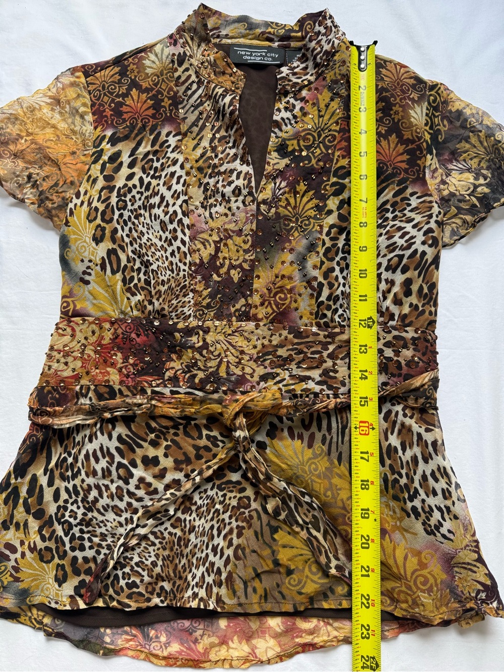 New York City Design Co. Silk Beaded Animal-Baroque Print Blouse - Brown/Gold - Picture 3 of 6